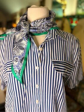 Outfit: Navy & White Striped Women’s Button-Up Shirt, Cotton Pant, Silk Scarf